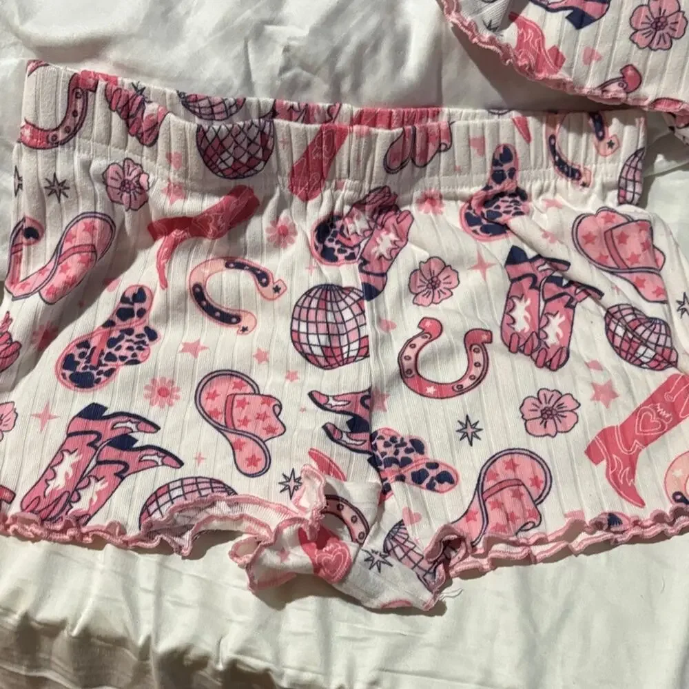 Tahari 10/12 Pink preppy disco ball cowboy hats boots Patterned Pajama Set euc